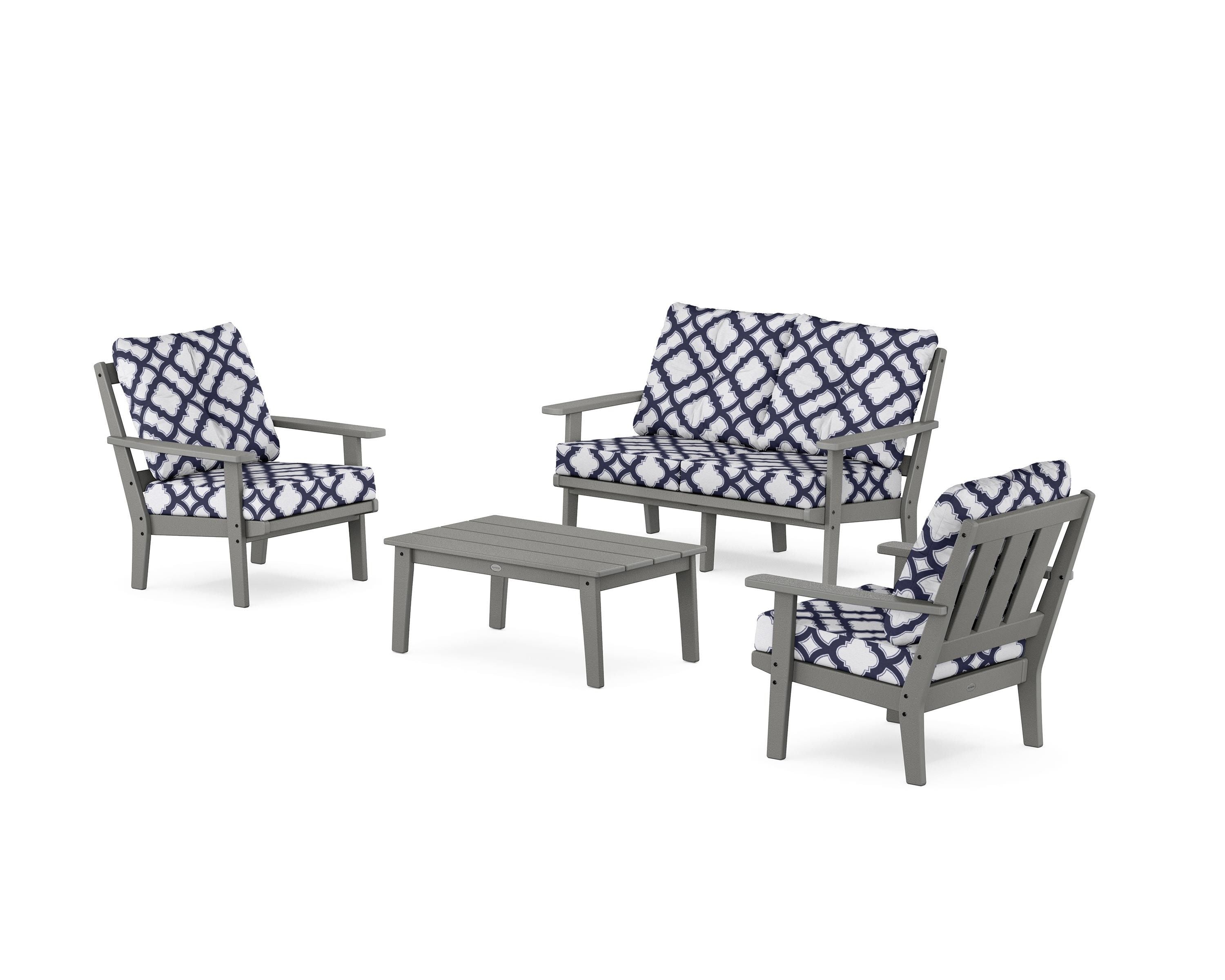POLYWOOD® Oxford 4-Piece Deep Seating Set with Loveseat in Slate Grey / Trellis Navy