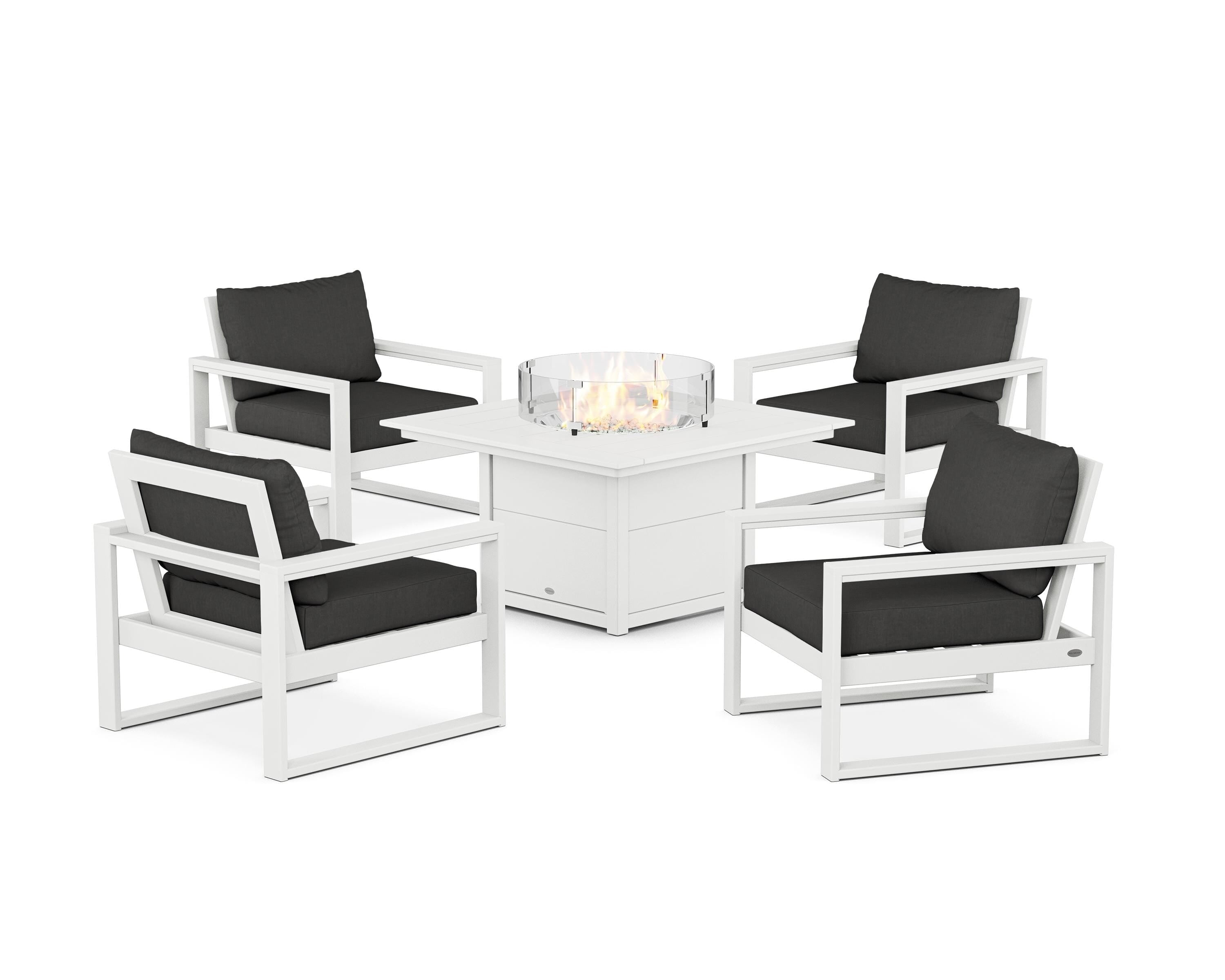 POLYWOOD® EDGE Sectional 5-Piece Deep Seating Set with Fire Pit Table in White / Spectrum Carbon