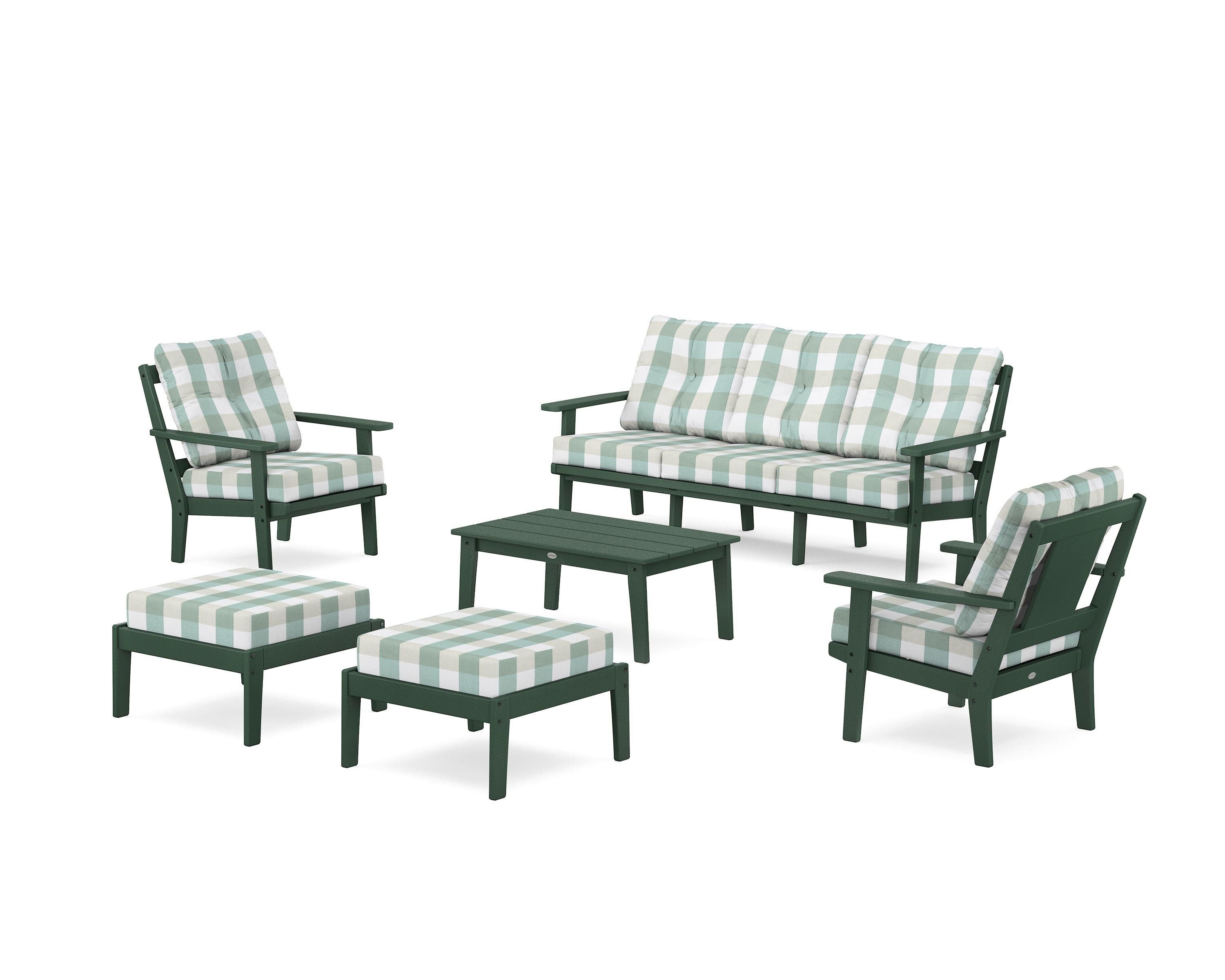 POLYWOOD® Prairie 6-Piece Lounge Sofa Set in Green / Buffalo Plaid Glacier Spa