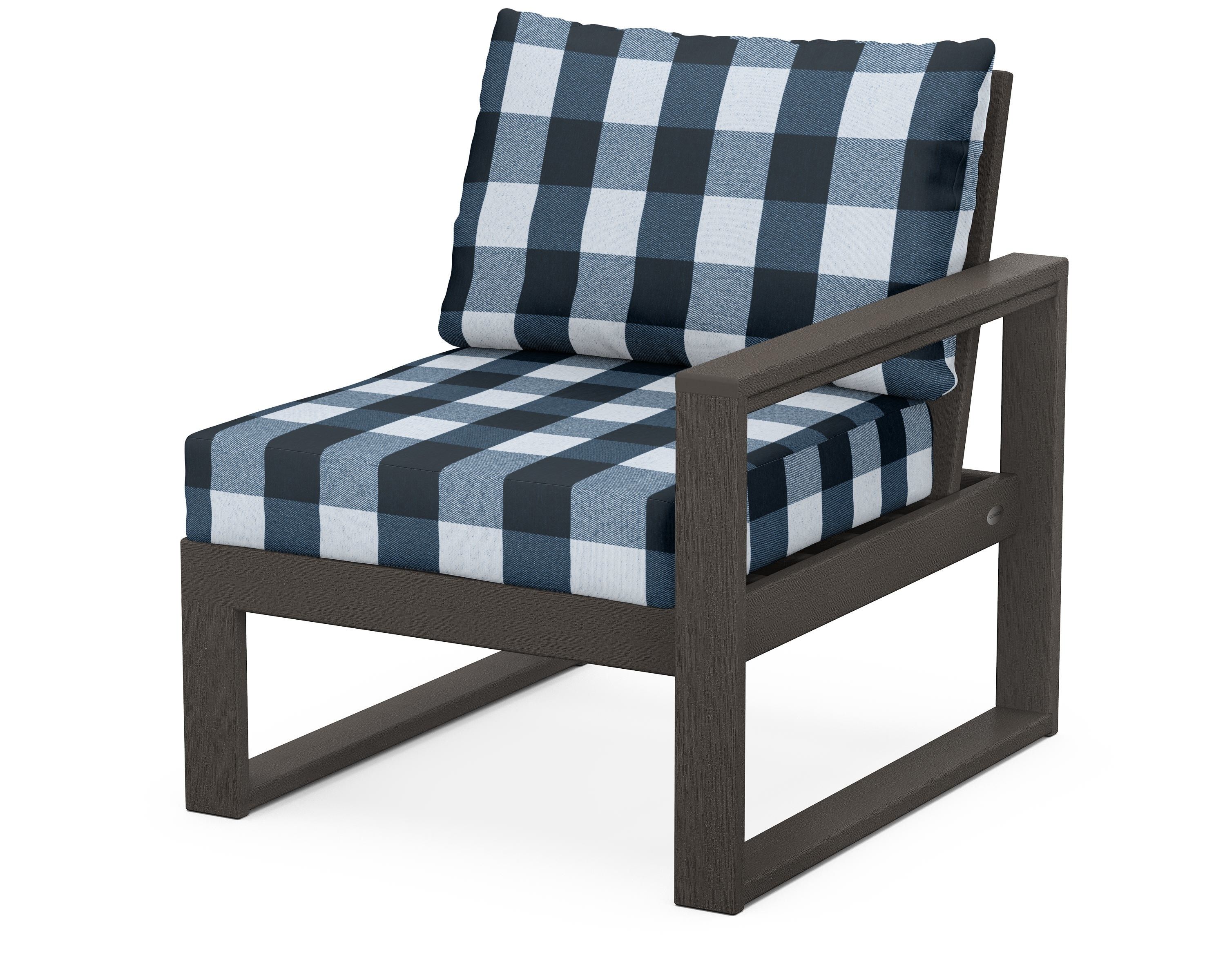 POLYWOOD® EDGE Modular Right Arm Chair in Vintage Coffee / Buffalo Plaid Marine Indigo