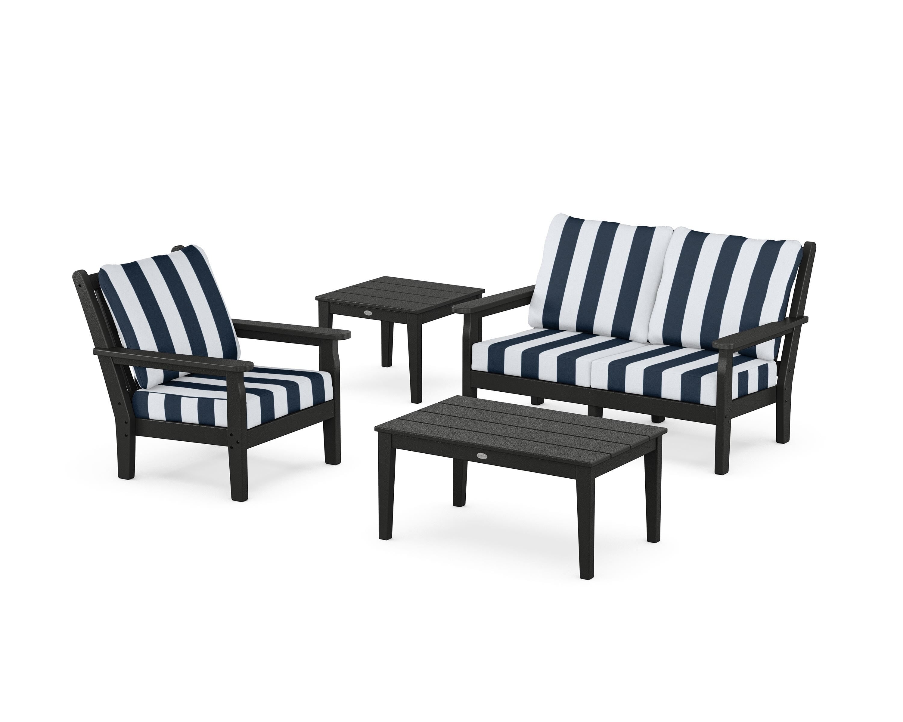 POLYWOOD® Chippendale 4-Piece Deep Seating Set in Black / Cabana Stripe Marine Indigo