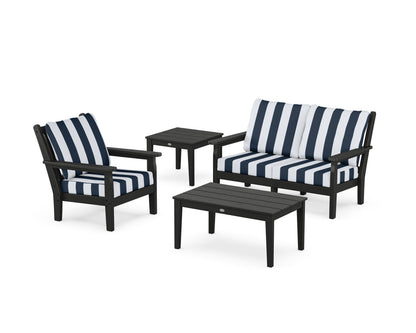 POLYWOOD® Chippendale 4-Piece Deep Seating Set in Black / Cabana Stripe Marine Indigo