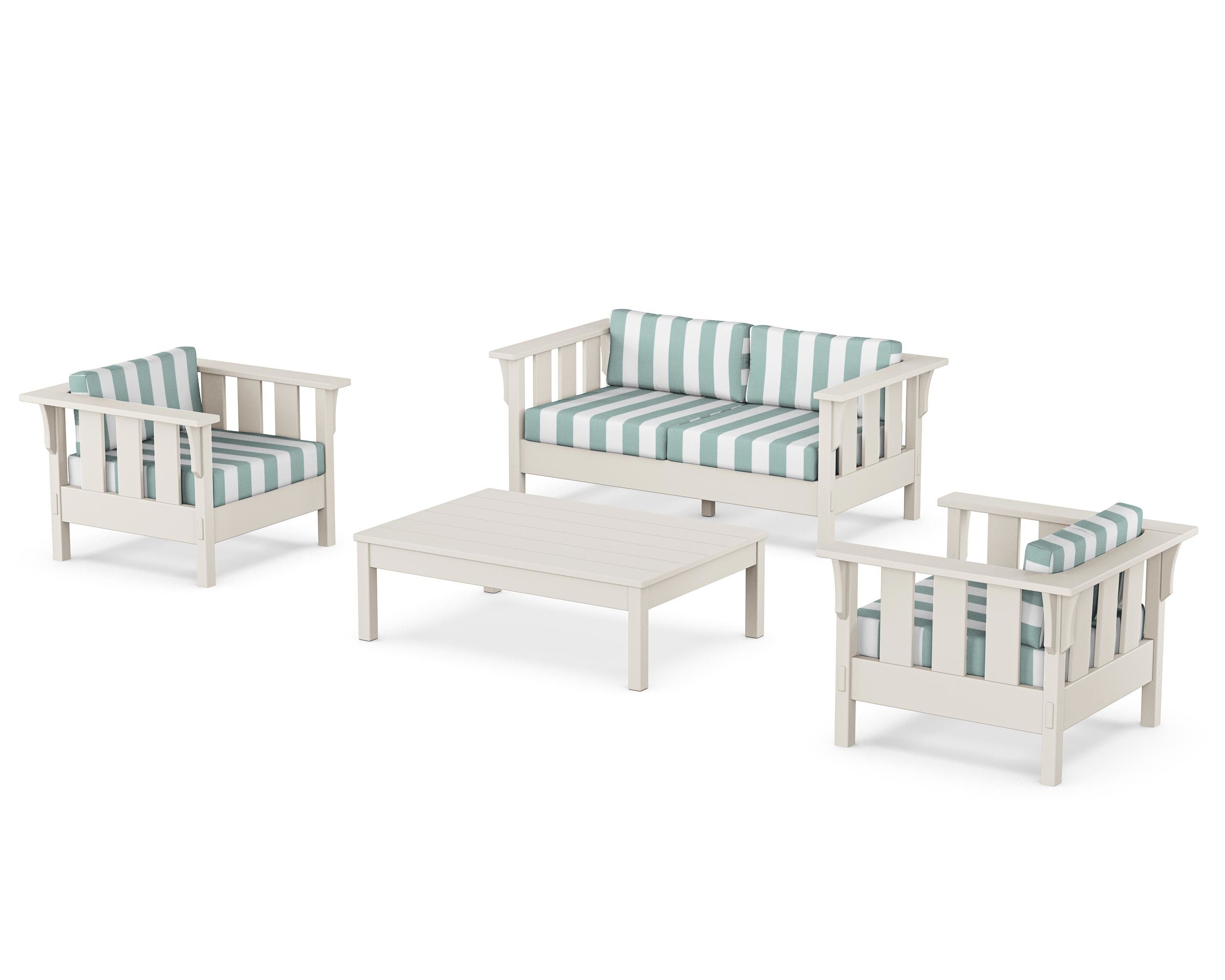 Martha Stewart by POLYWOOD® Acadia 4-Piece Deep Seating Set with Loveseat in Sand / Cabana Stripe Glacier Spa