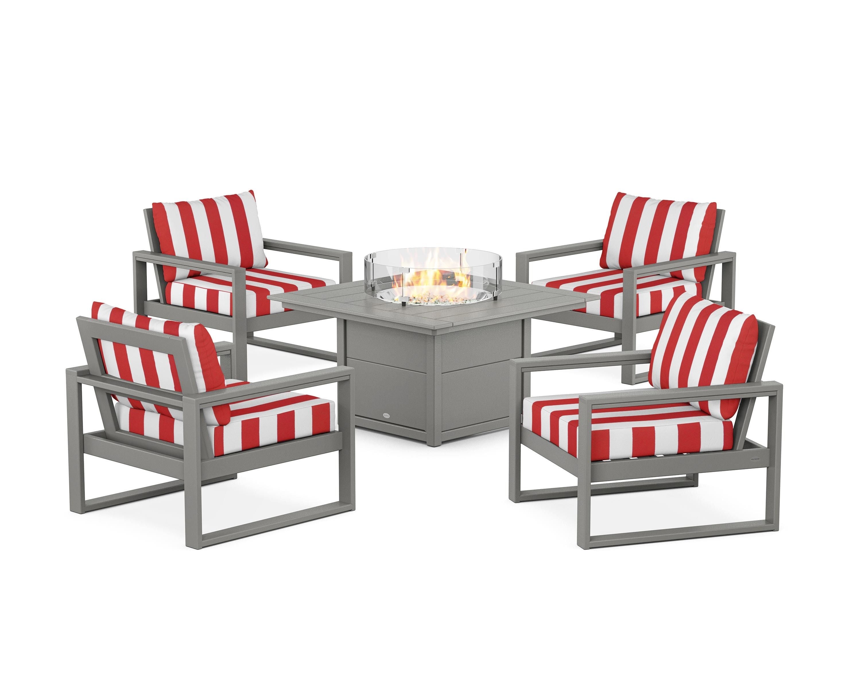 POLYWOOD® EDGE Sectional 5-Piece Deep Seating Set with Fire Pit Table in Slate Grey / Cabana Stripe Crimson