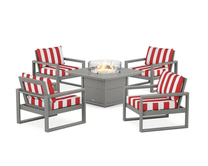 POLYWOOD® EDGE Sectional 5-Piece Deep Seating Set with Fire Pit Table in Slate Grey / Cabana Stripe Crimson