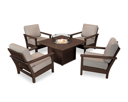 POLYWOOD® Harbour 5-Piece Conversation Set with Fire Pit Table in Mahogany / Cast Ash