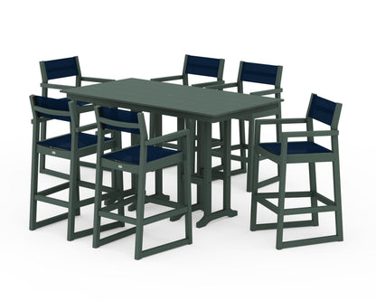 POLYWOOD® EDGE Sling Arm Chair 7-Piece Farmhouse Bar Set in Green / Navy Blue Sling