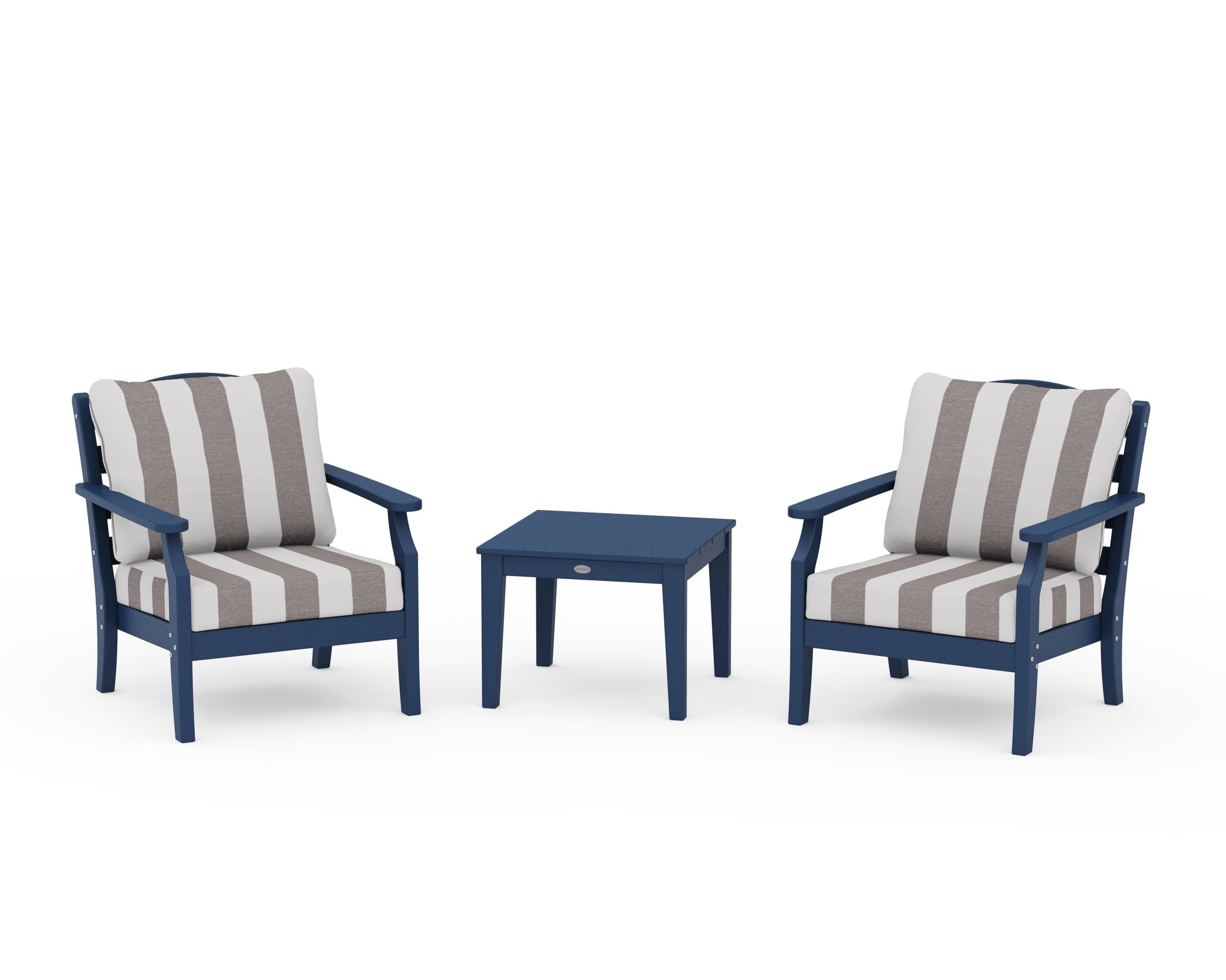 Draper James™ by  POLYWOOD® Savannah 3-Piece Deep Seating Set in Navy / Cabana Stripe Grey Mist