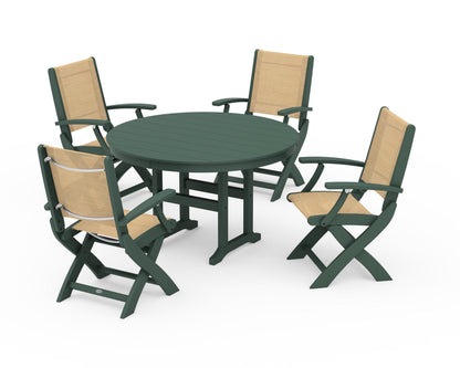 POLYWOOD® Coastal Folding Chair 5-Piece Round Dining Set in Green / Dupioni Apricot Sling
