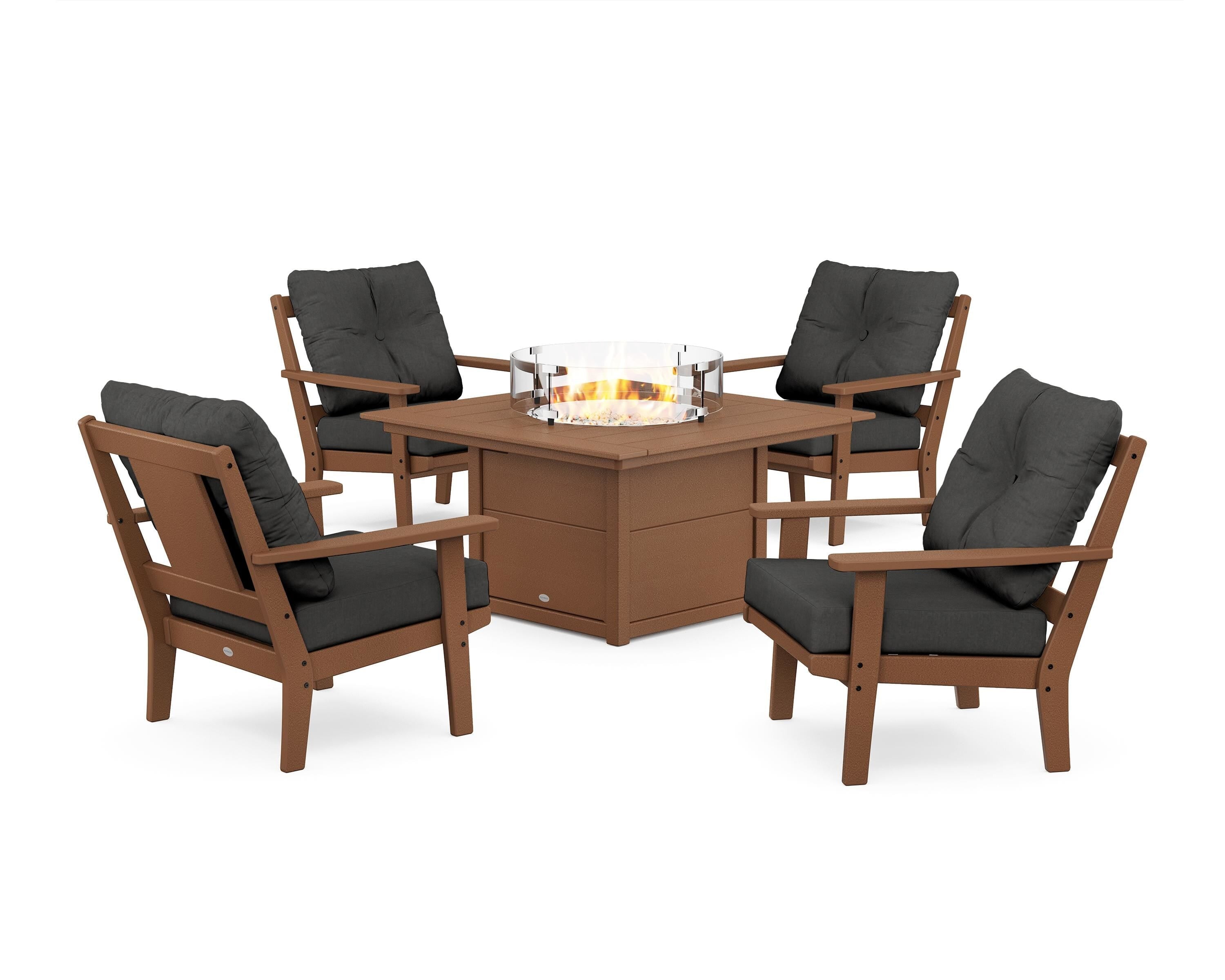 POLYWOOD® Prairie 5-Piece Deep Seating Set with Fire Pit Table in Teak / Spectrum Carbon