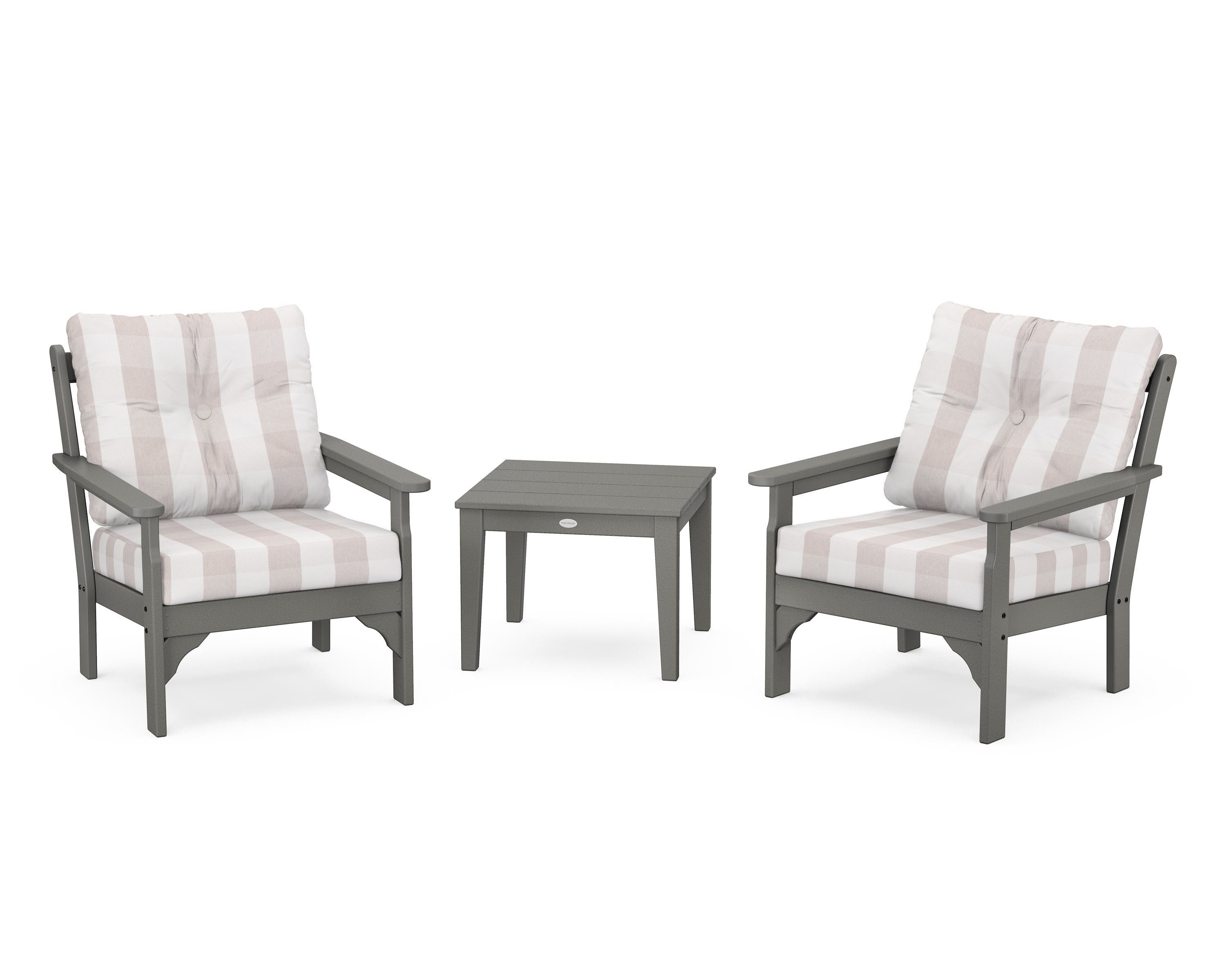 POLYWOOD® Vineyard 3-Piece Deep Seating Set in Slate Grey / Buffalo Plaid Dune Burlap