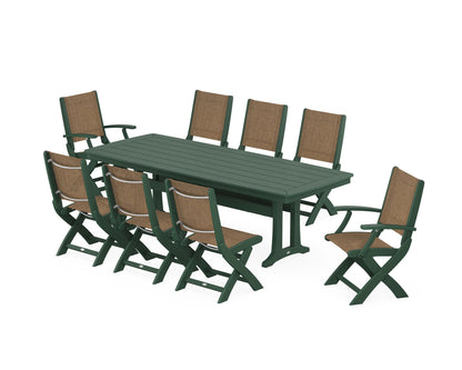 POLYWOOD® Coastal Folding 9-Piece Dining Set with Trestle Legs in Green / Burlap Sling