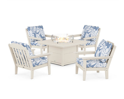 Country Living Cottage 5-Piece Deep Seating Set with Fire Pit Table in Sand / Leaf Sky Blue