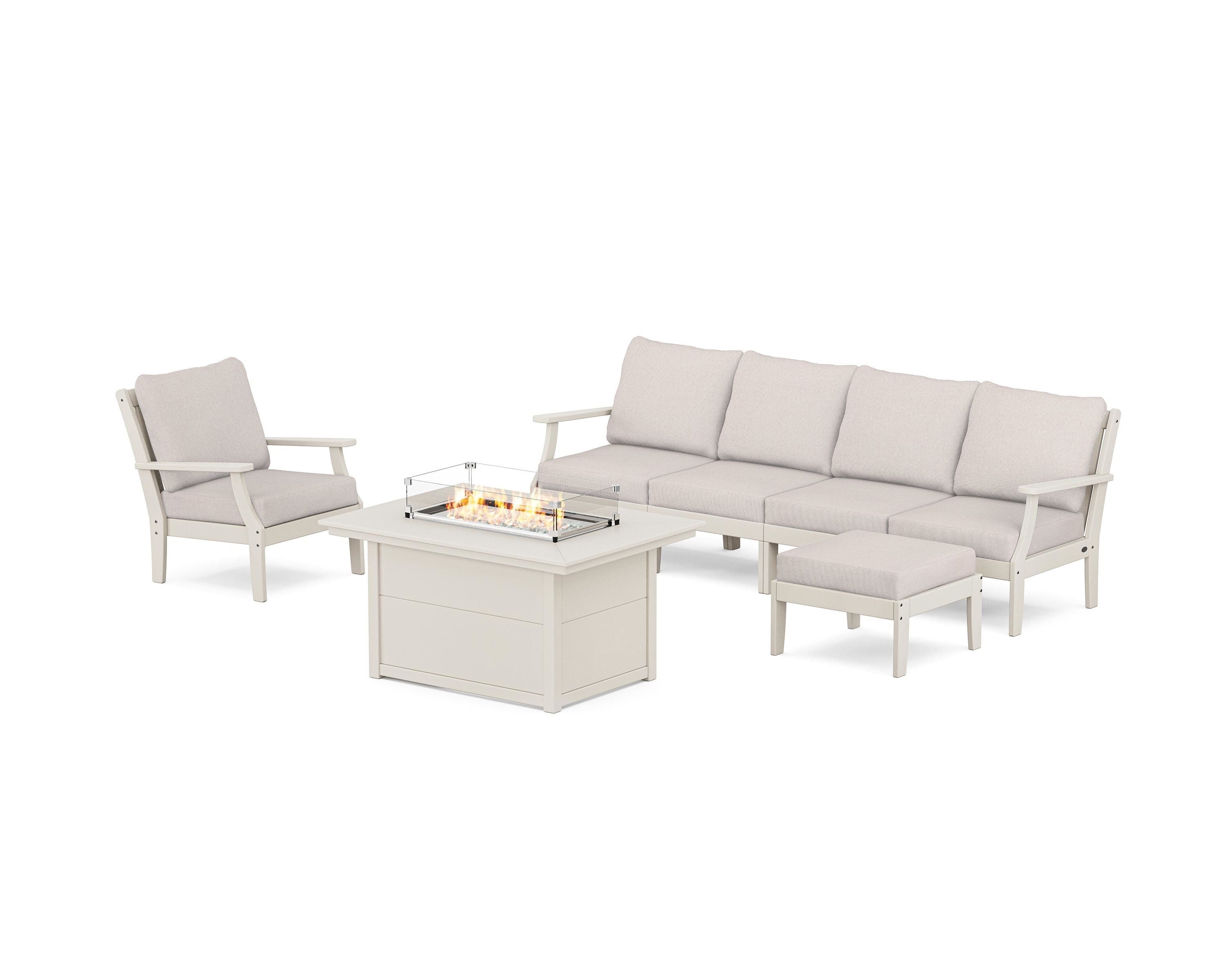 POLYWOOD® Braxton Sectional Lounge and Fire Pit Set in Sand / Dune Burlap
