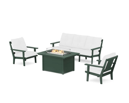 POLYWOOD® Prairie Deep Seating Fire Pit Table Set in Green / Natural