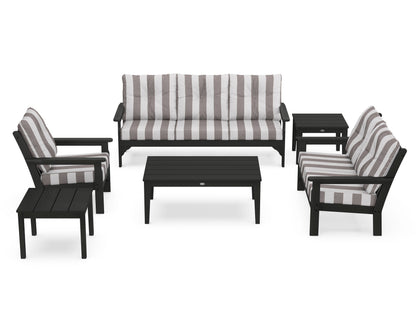 POLYWOOD® Vineyard 6-Piece Deep Seating Set in Black / Cabana Stripe Grey Mist