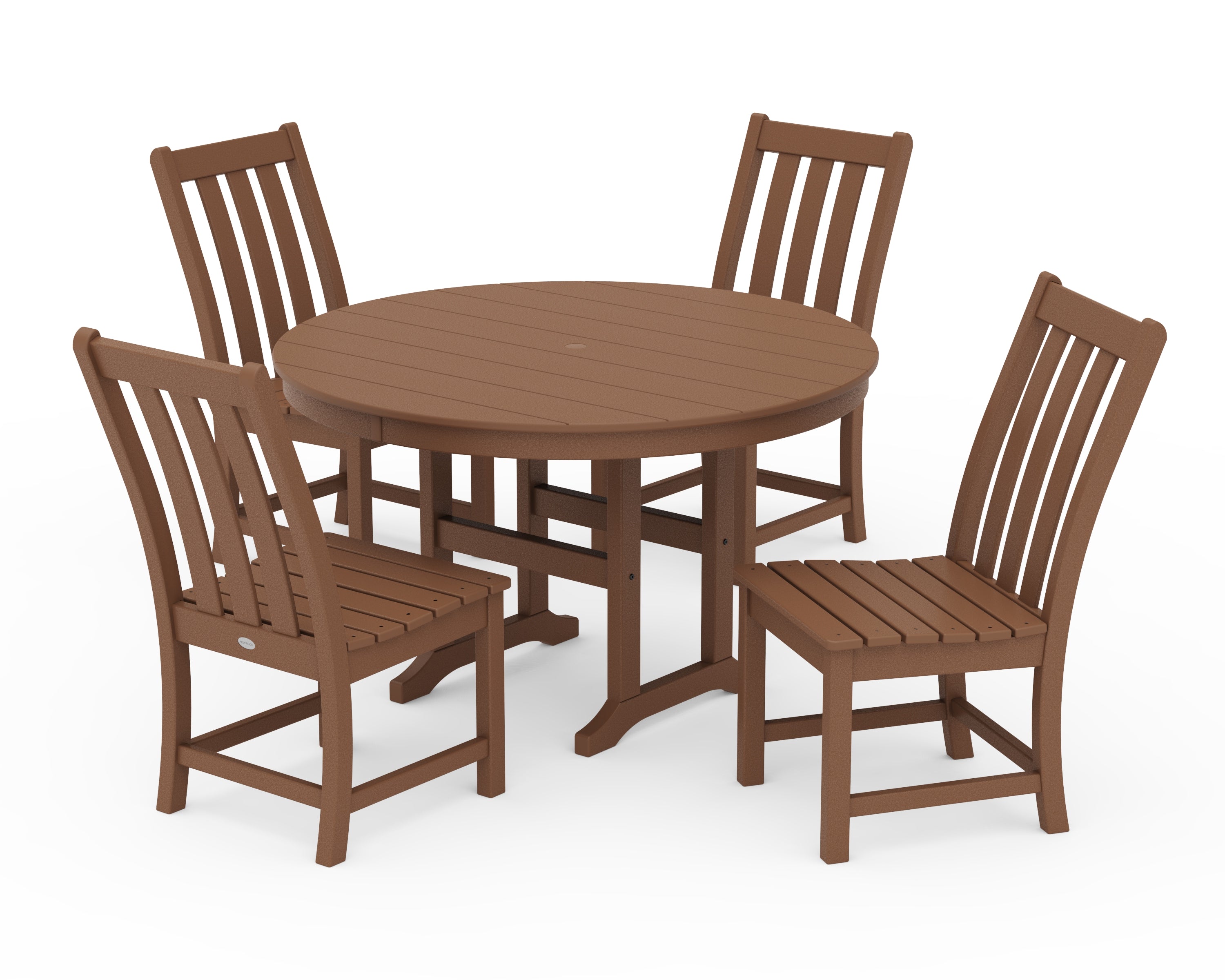 POLYWOOD® Vineyard 5-Piece Round Farmhouse Side Chair Dining Set in Teak