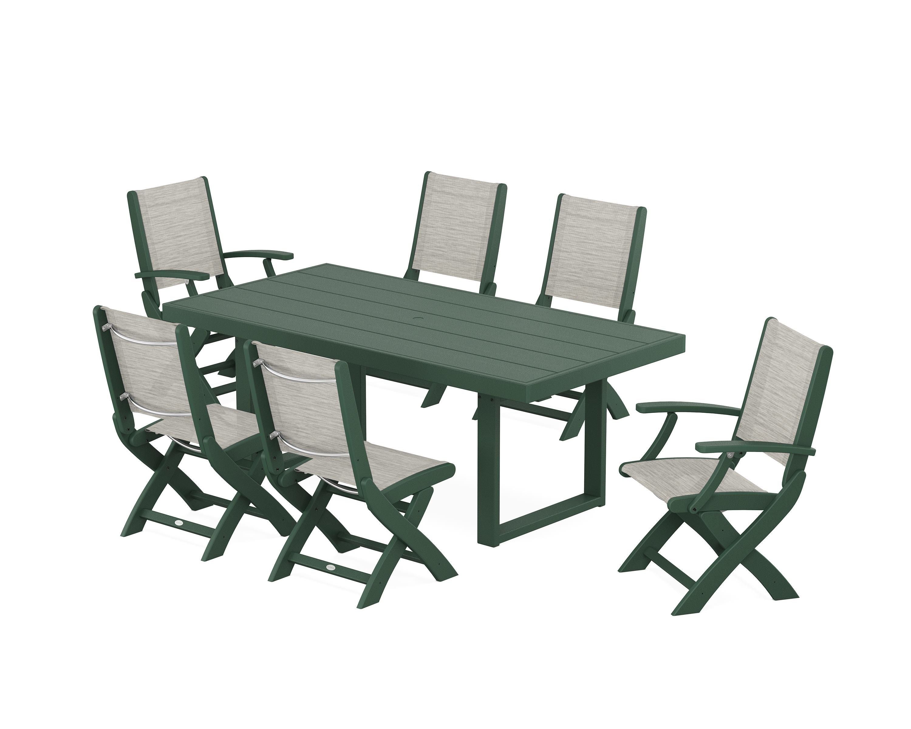POLYWOOD® Coastal Folding Chair 7-Piece Dining Set with Trestle Legs in Green / Birch Sling