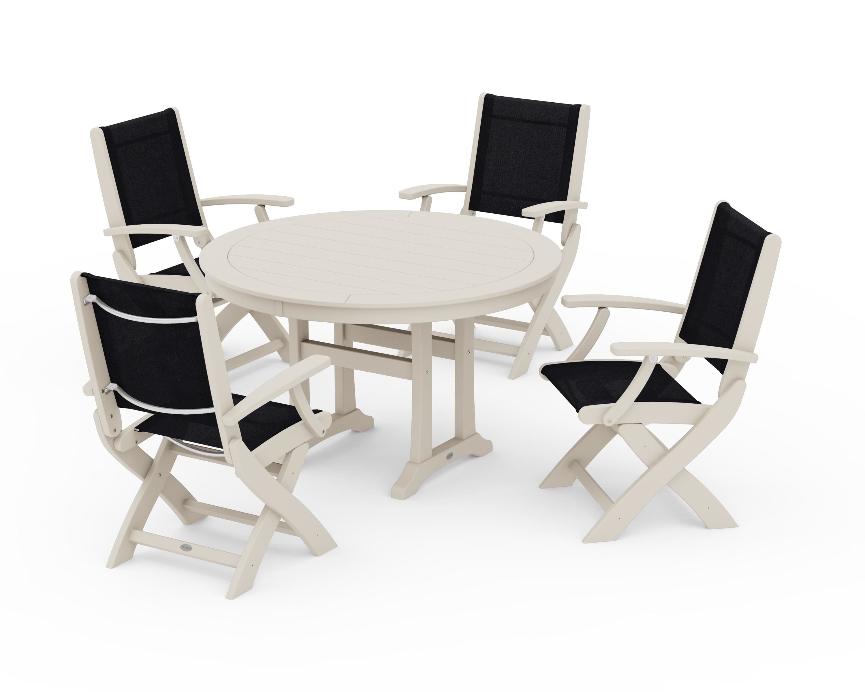 POLYWOOD® Coastal Folding Chair 5-Piece Round Dining Set with Trestle Legs in Sand / Black Sling