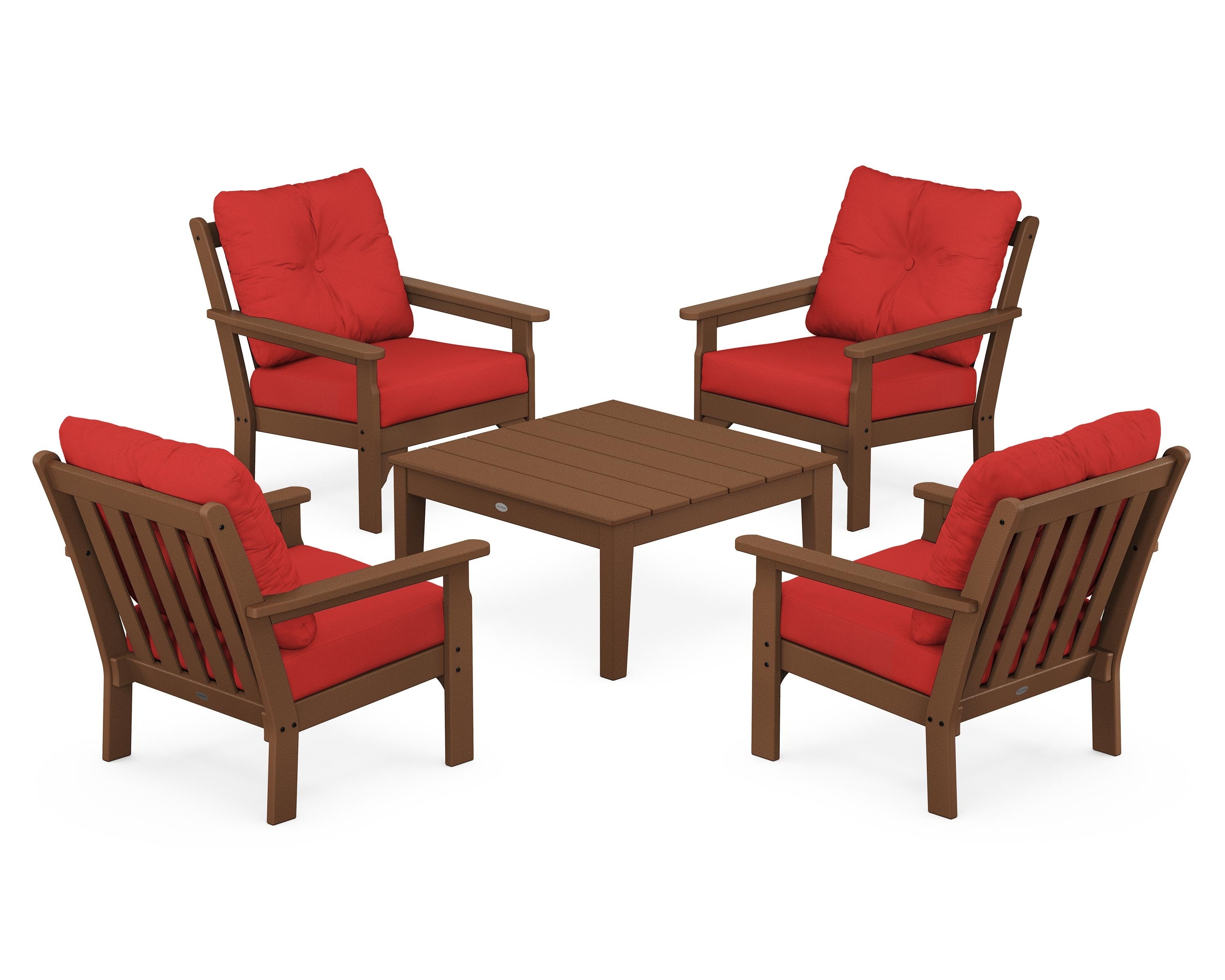 POLYWOOD® Vineyard 5-Piece Deep Seating Conversation Set in Teak / Crimson Linen