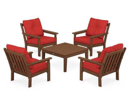 POLYWOOD® Vineyard 5-Piece Deep Seating Conversation Set in Teak / Crimson Linen