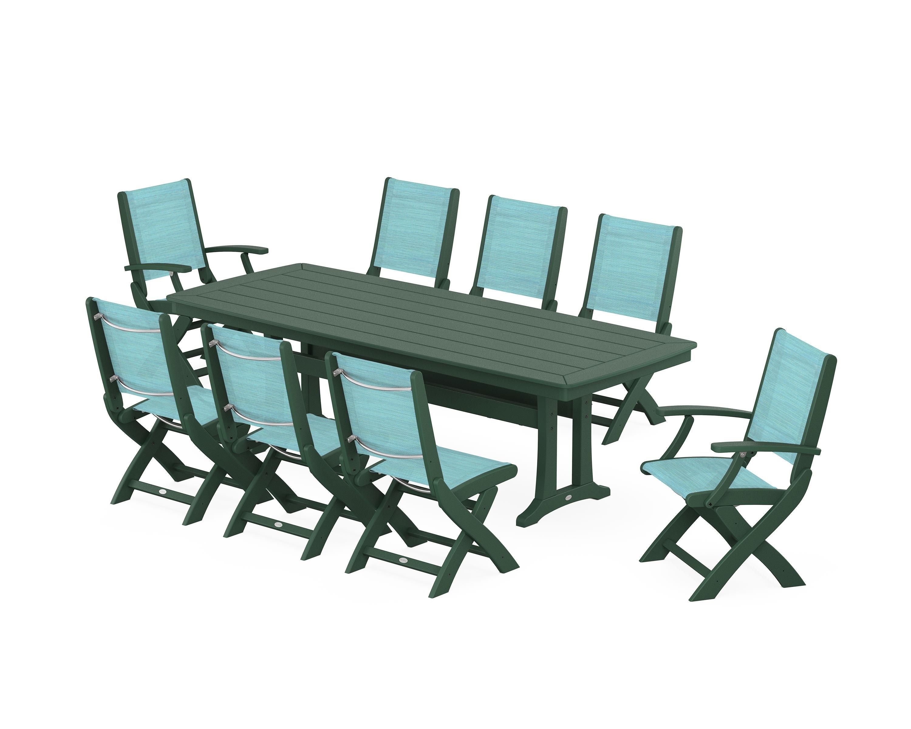 POLYWOOD® Coastal Folding 9-Piece Dining Set with Trestle Legs in Green / Dupioni Aquamarine Sling