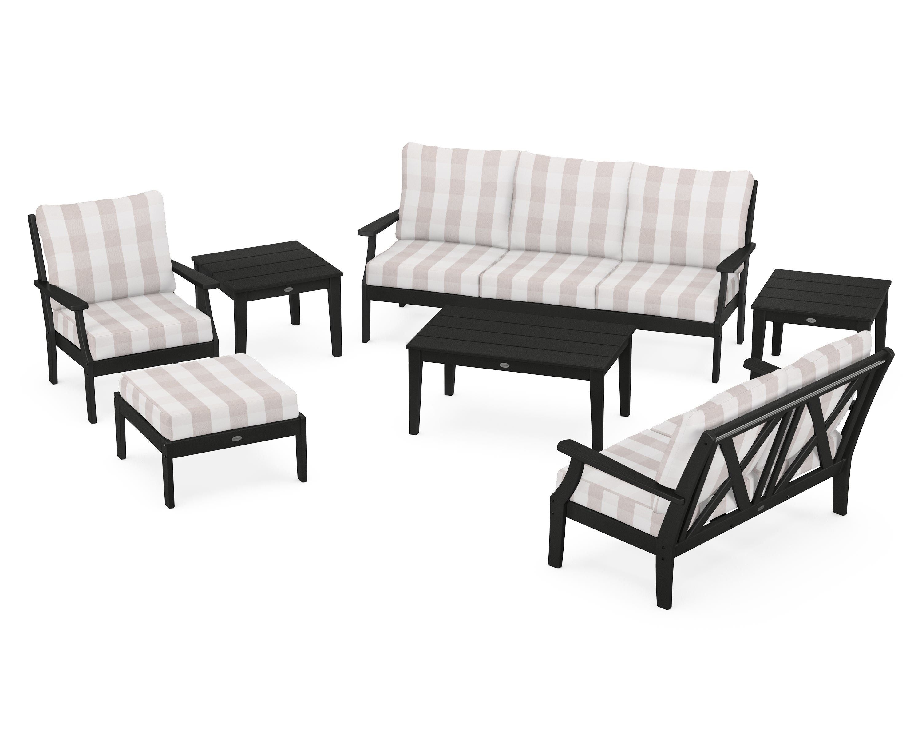 POLYWOOD® Braxton 7-Piece Deep Seating Set in Black / Buffalo Plaid Dune Burlap