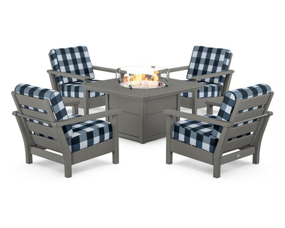 POLYWOOD® Harbour 5-Piece Conversation Set with Fire Pit Table in Slate Grey / Buffalo Plaid Marine Indigo