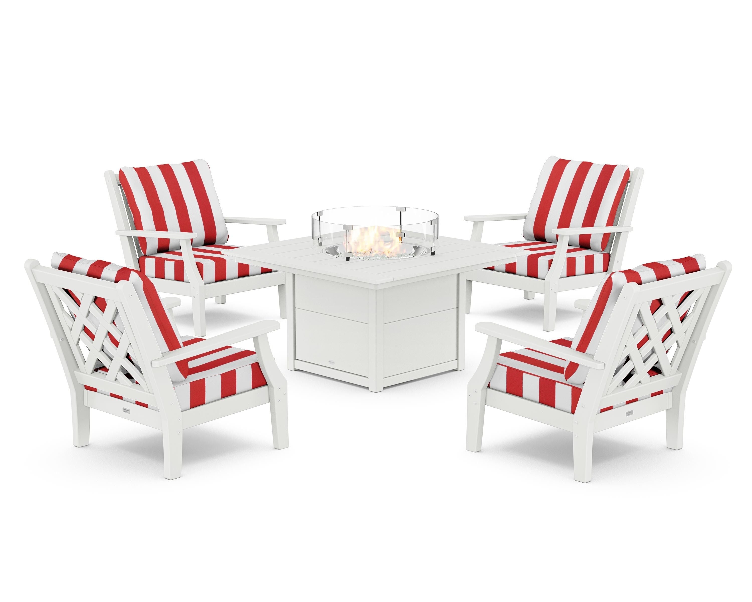 Country Living Wovendale 5-Piece Deep Seating Set with Fire Pit Table in White / Cabana Stripe Crimson