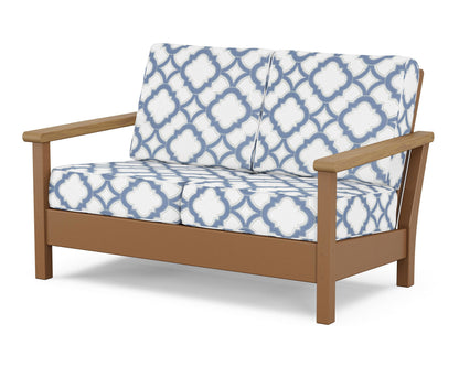 POLYWOOD® Harbour Deep Seating Loveseat in Teak / Natural / Trellis Sky Blue