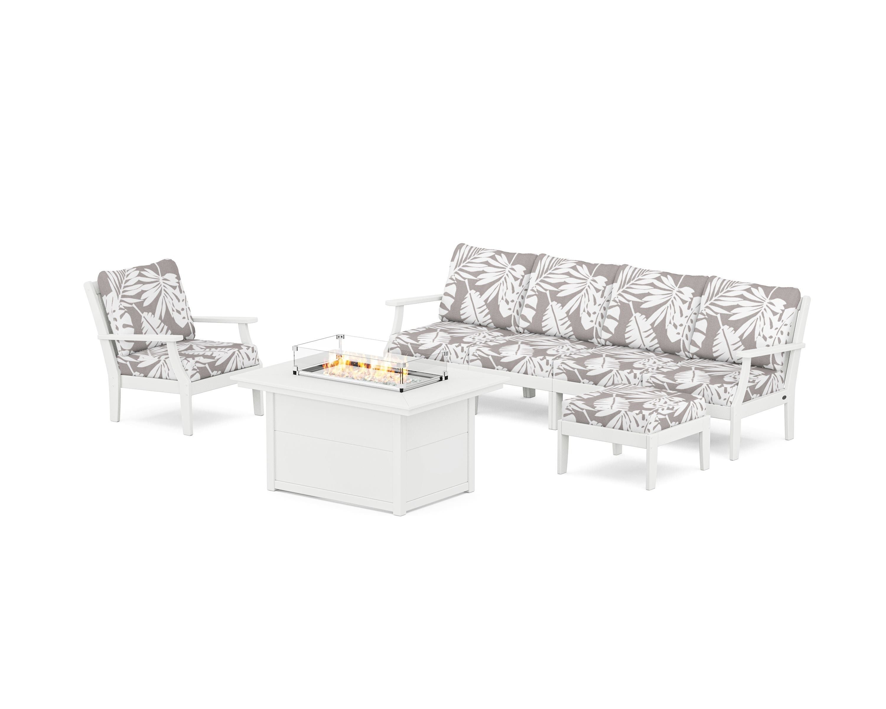 POLYWOOD® Braxton Sectional Lounge and Fire Pit Set in White / Leaf Grey Mist