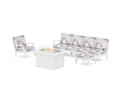 POLYWOOD® Braxton Sectional Lounge and Fire Pit Set in White / Leaf Grey Mist
