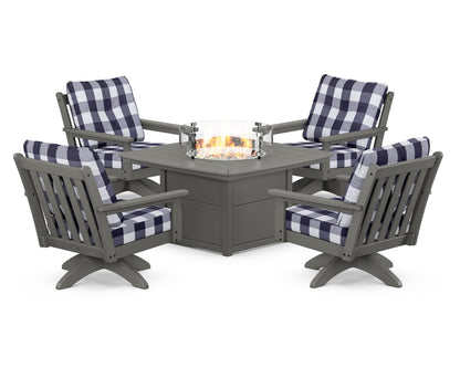 POLYWOOD® Vineyard 5-Piece Deep Seating Swivel Conversation Set with Fire Pit Table in Slate Grey / Buffalo Plaid Navy