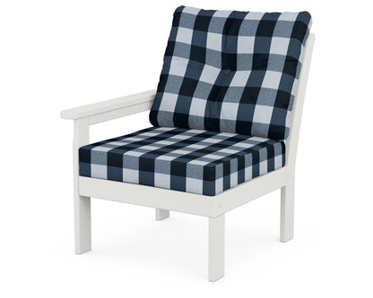 POLYWOOD® Vineyard Modular Left Arm Chair in Vintage White / Buffalo Plaid Marine Indigo