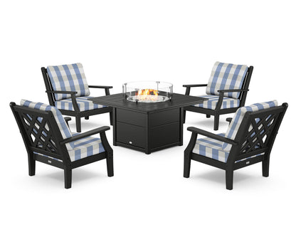 Country Living Wovendale 5-Piece Deep Seating Set with Fire Pit Table in Black / Buffalo Plaid Sky Blue