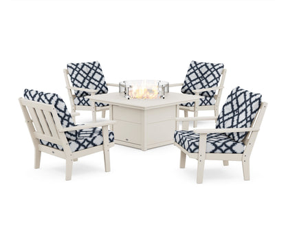POLYWOOD® Oxford 5-Piece Deep Seating Set with Fire Pit Table in Sand / Trellis Marine Indigo
