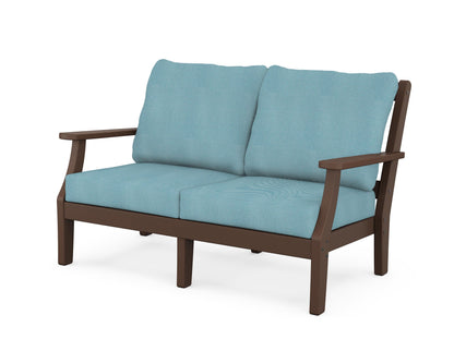 Martha Stewart by POLYWOOD® Chinoiserie Deep Seating Loveseat in Mahogany / Lattice Sky Blue