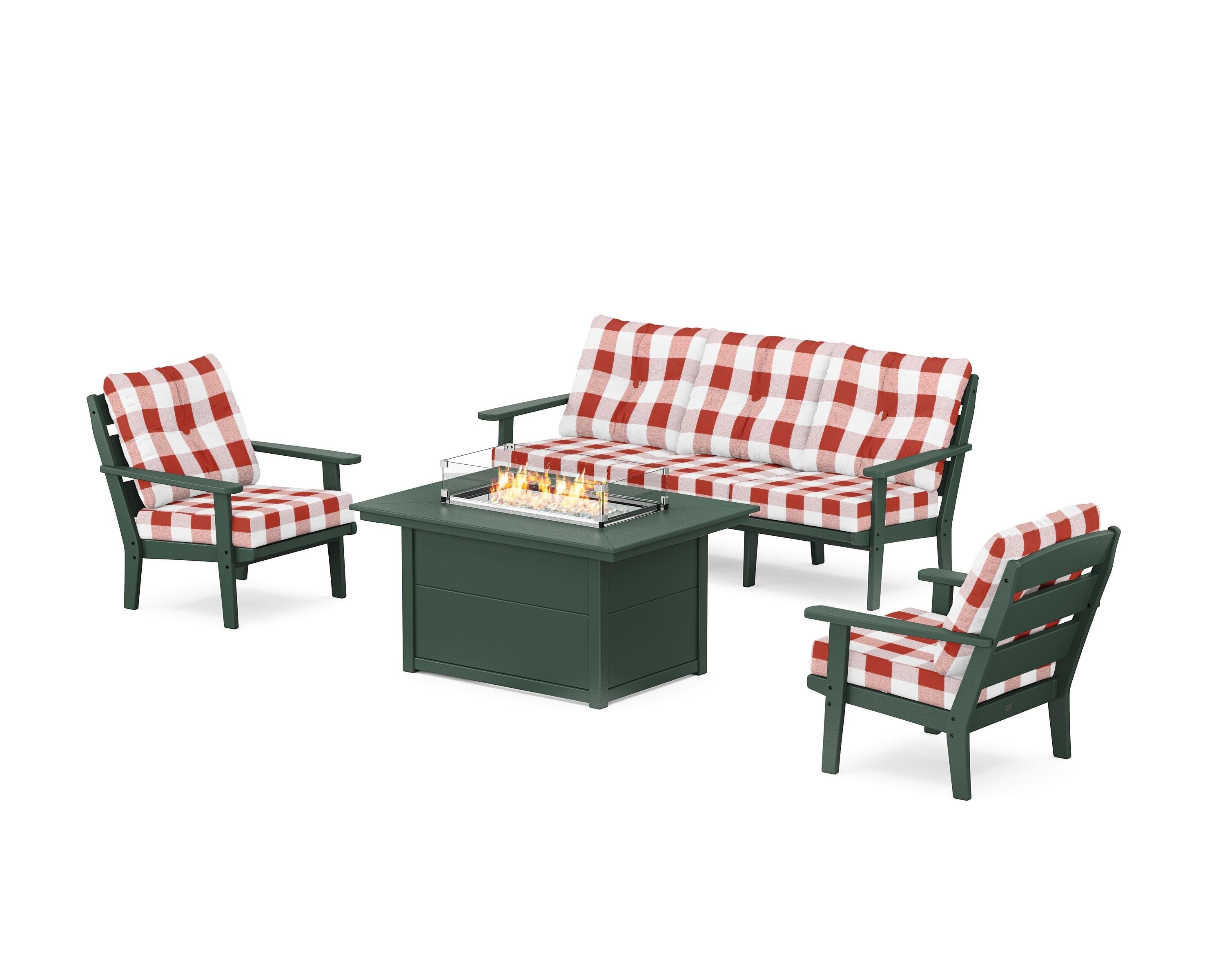 POLYWOOD® Lakeside Deep Seating Fire Pit Table Set in Green / Buffalo Plaid Crimson