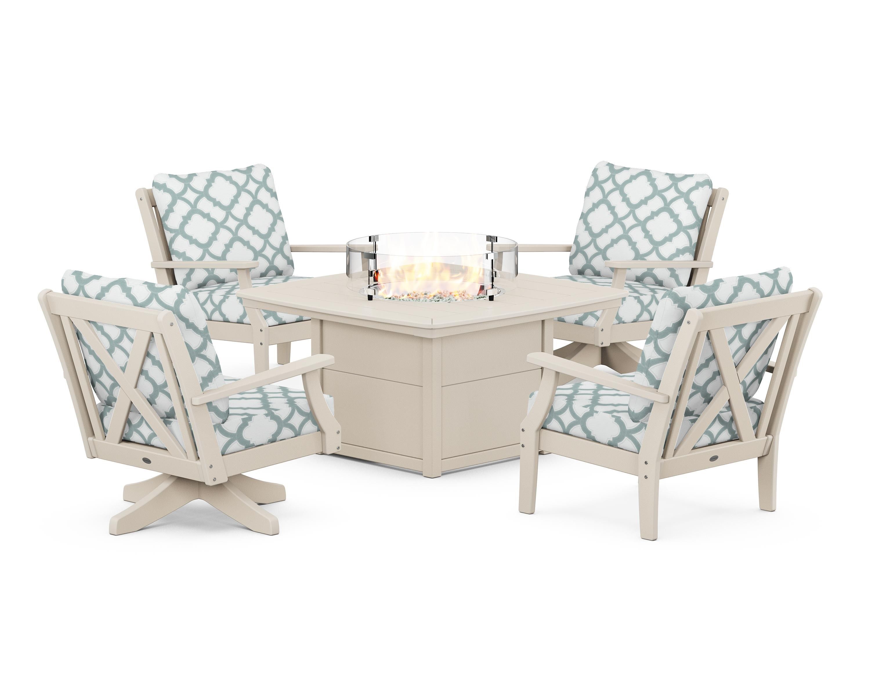 POLYWOOD® Braxton 5-Piece Deep Seating Set with Fire Table in Sand / Trellis Glacier Spa