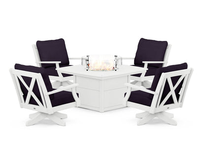 POLYWOOD® Braxton 5-Piece Deep Seating Swivel Conversation Set with Fire Pit Table in White / Navy Linen