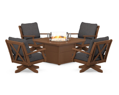 POLYWOOD® Braxton 5-Piece Deep Seating Swivel Conversation Set with Fire Pit Table in Teak / Ash Charcoal
