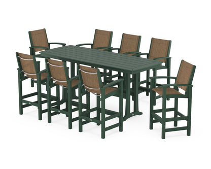 POLYWOOD® Coastal 9-Piece Bar Set with Trestle Legs in Green / Burlap Sling