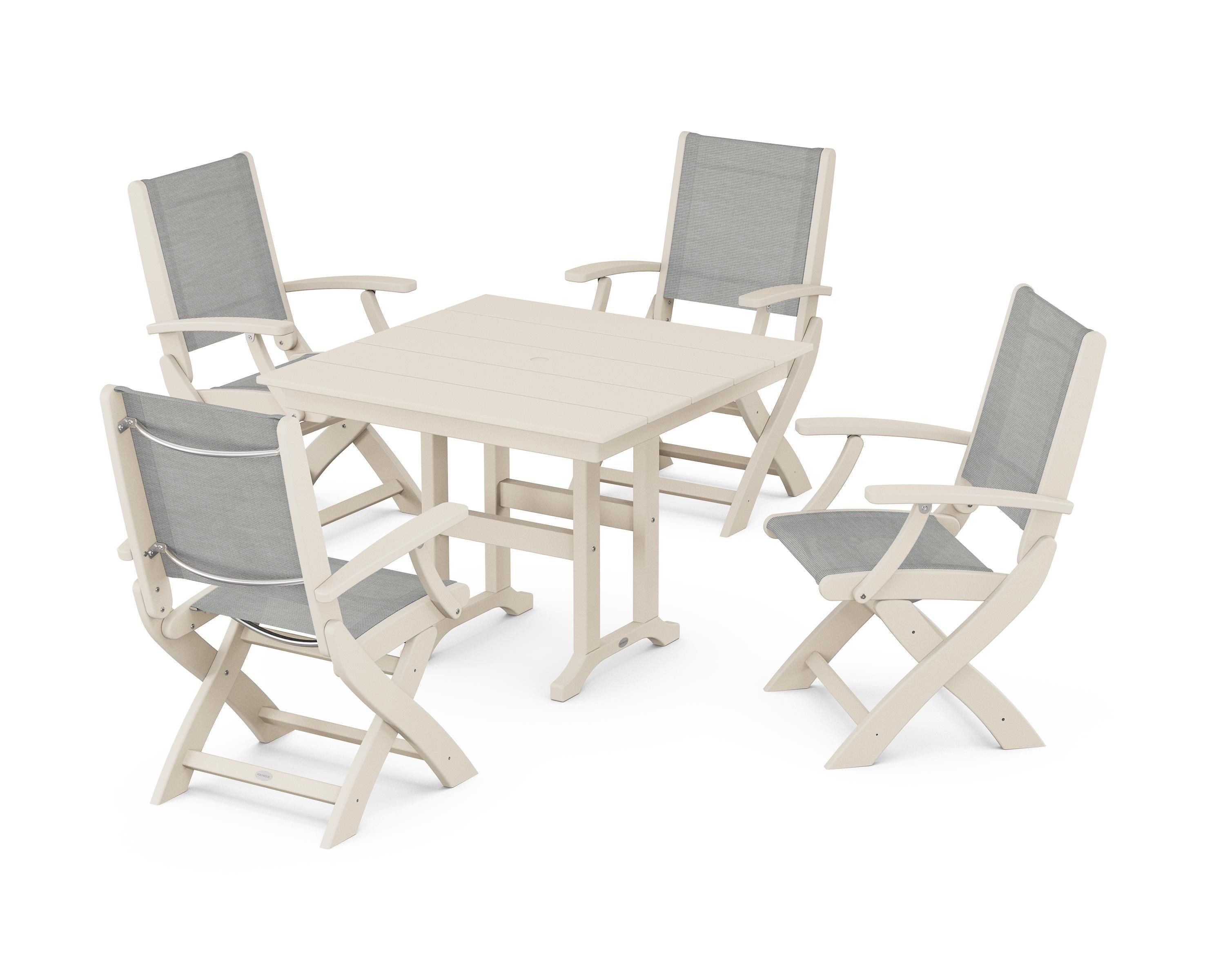 POLYWOOD® Coastal Folding Chair 5-Piece Farmhouse Dining Set in Sand / Metallic Sling