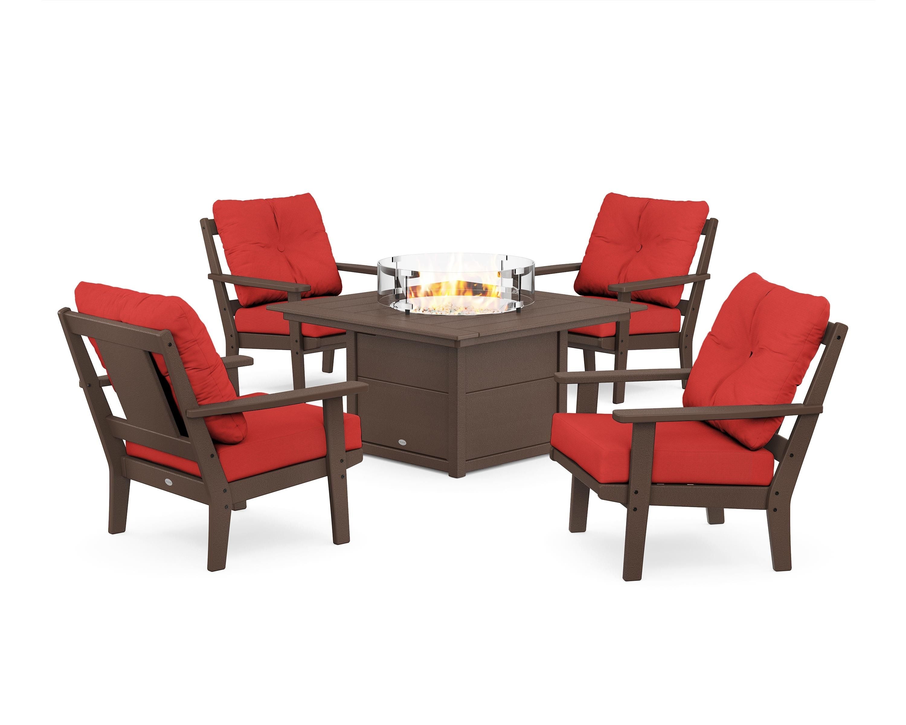 POLYWOOD® Prairie 5-Piece Deep Seating Set with Fire Pit Table in Mahogany / Crimson Linen