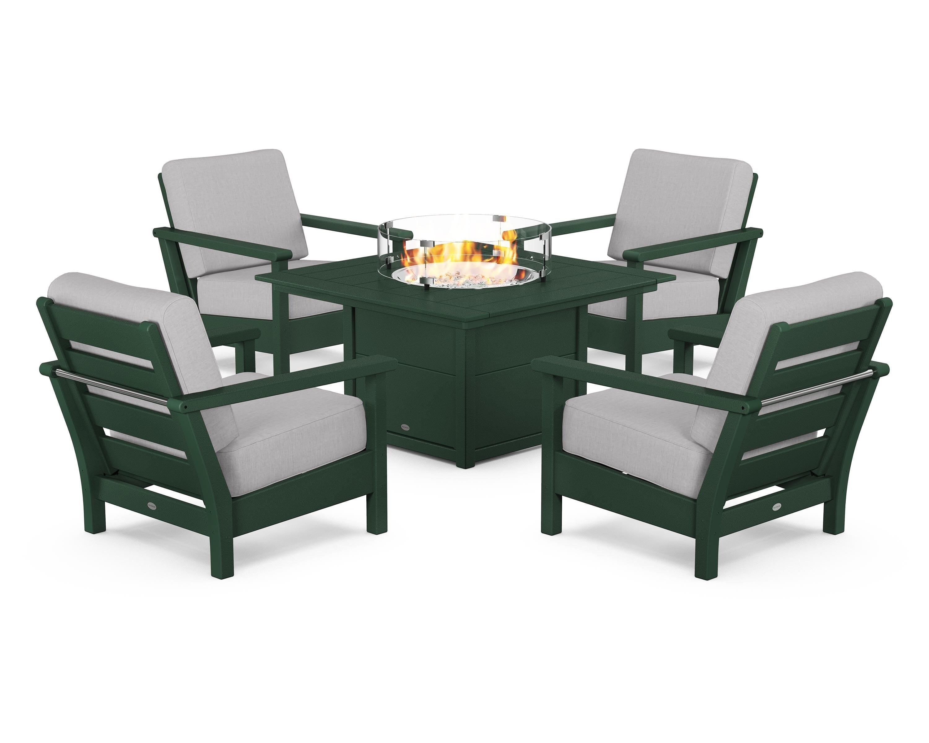 POLYWOOD® Harbour 5-Piece Conversation Set with Fire Pit Table in Green / Granite