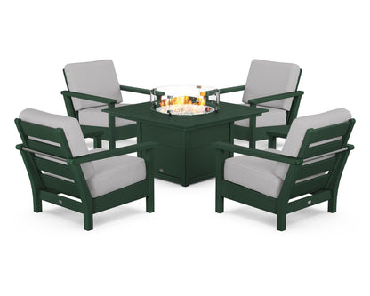 POLYWOOD® Harbour 5-Piece Conversation Set with Fire Pit Table in Green / Granite