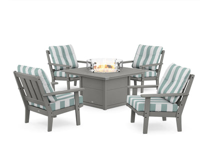 POLYWOOD® Oxford 5-Piece Deep Seating Set with Fire Pit Table in Slate Grey / Cabana Stripe Glacier Spa