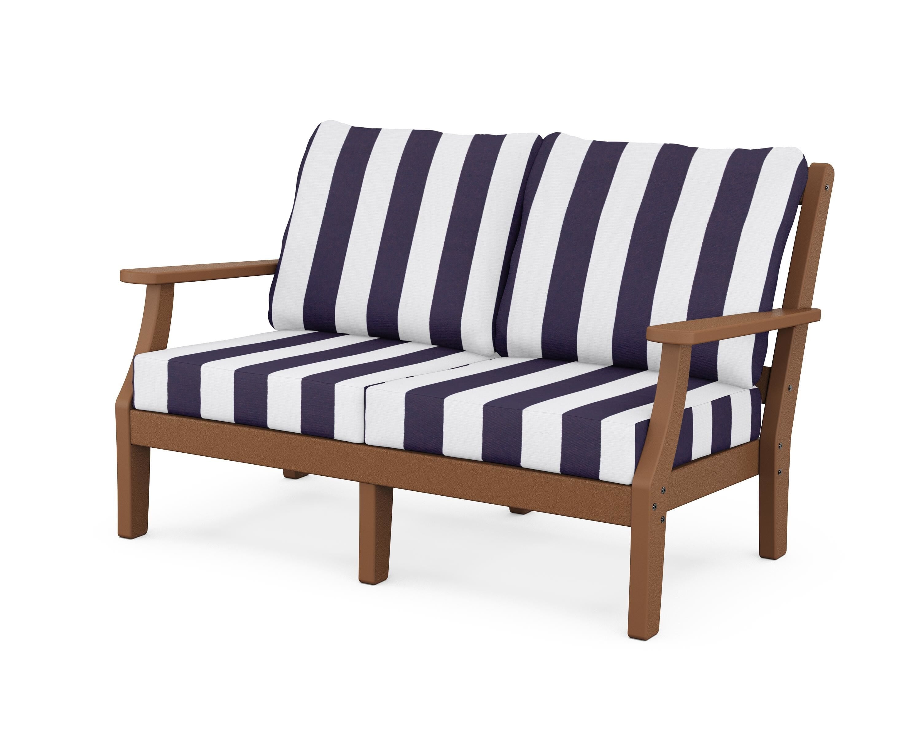 Martha Stewart by POLYWOOD® Chinoiserie Deep Seating Loveseat in Teak / Cabana Stripe Navy