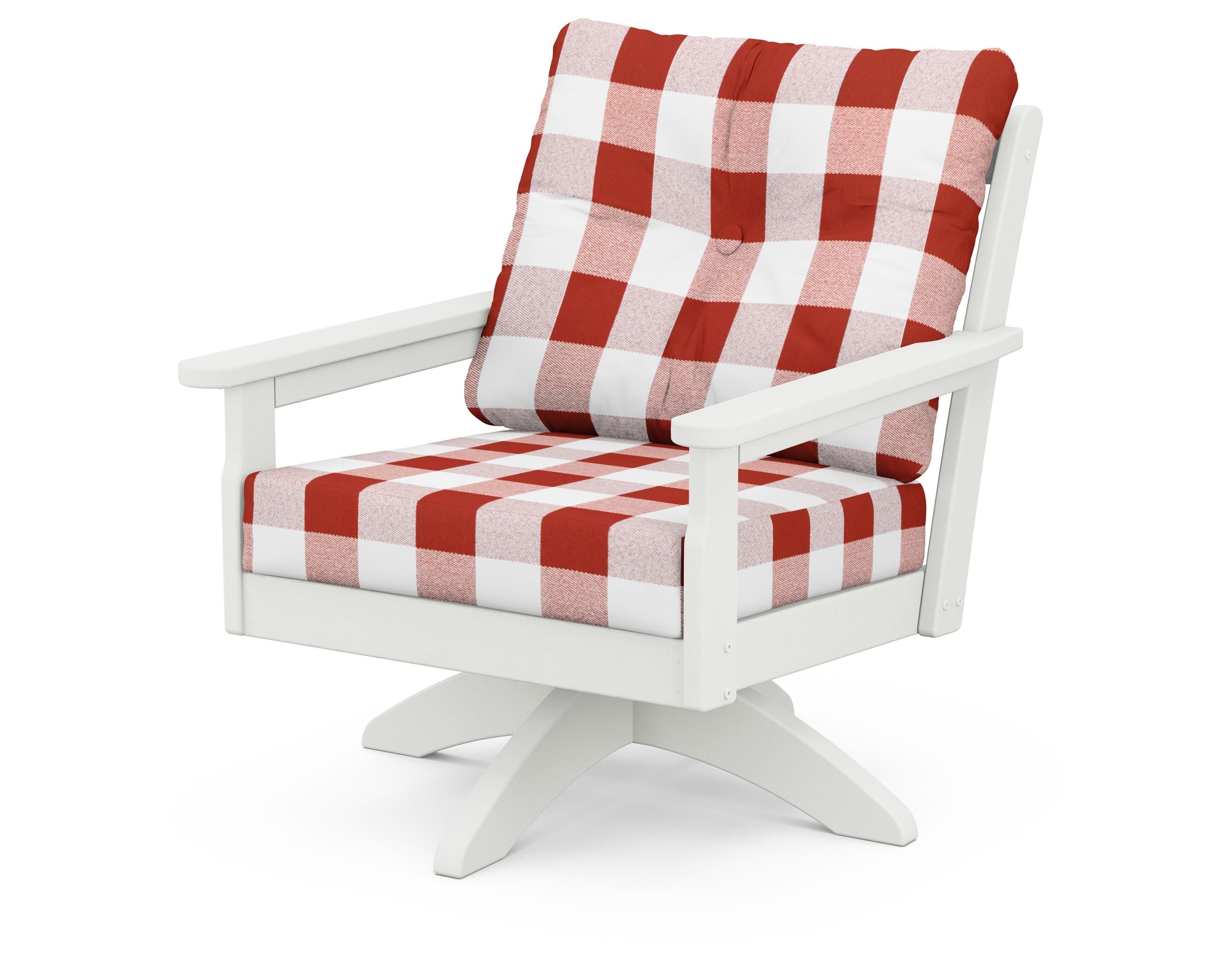 POLYWOOD® Vineyard Deep Seating Swivel Chair in Vintage White / Buffalo Plaid Crimson