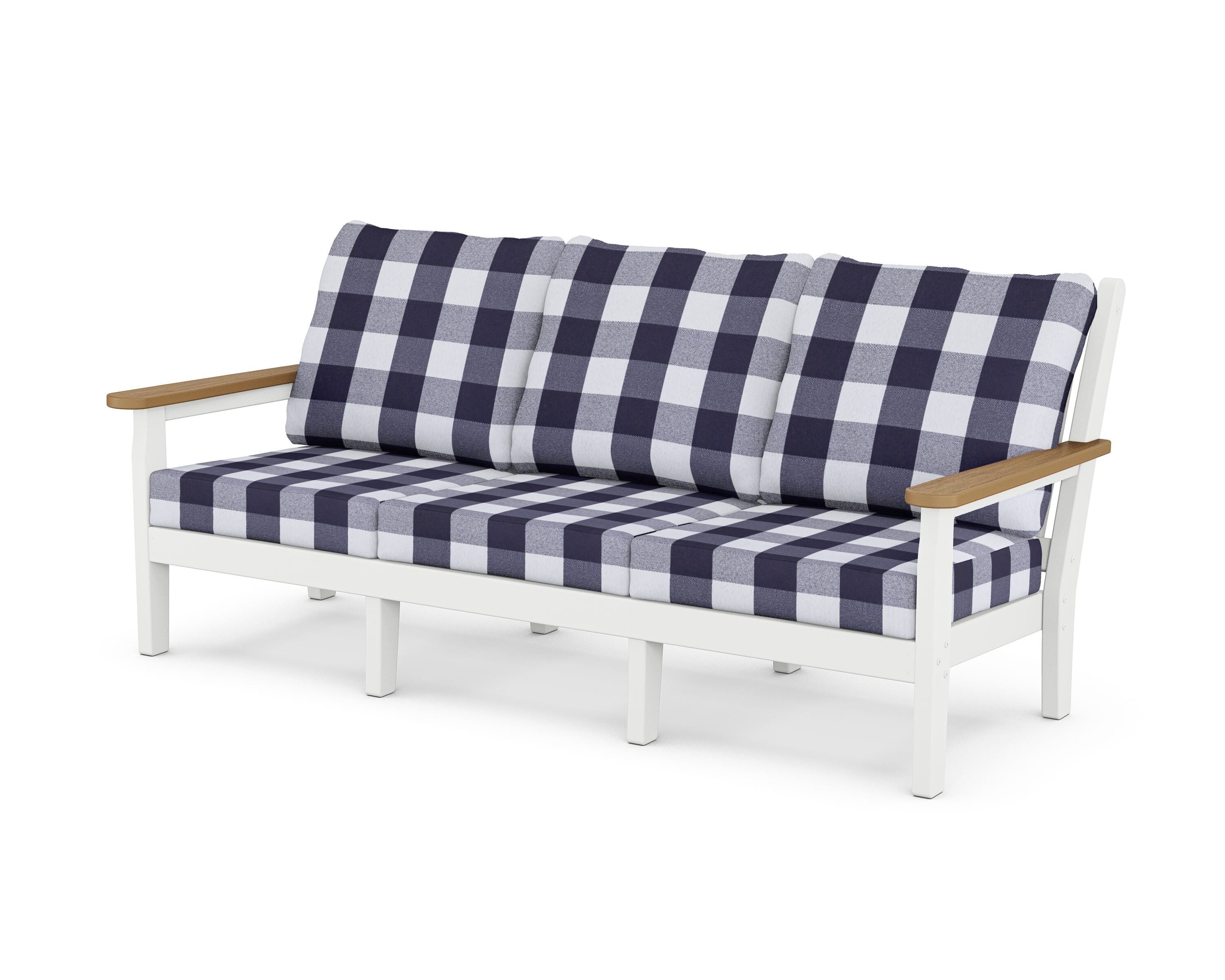 POLYWOOD® Chippendale Deep Seating Sofa in White / Natural / Buffalo Plaid Navy